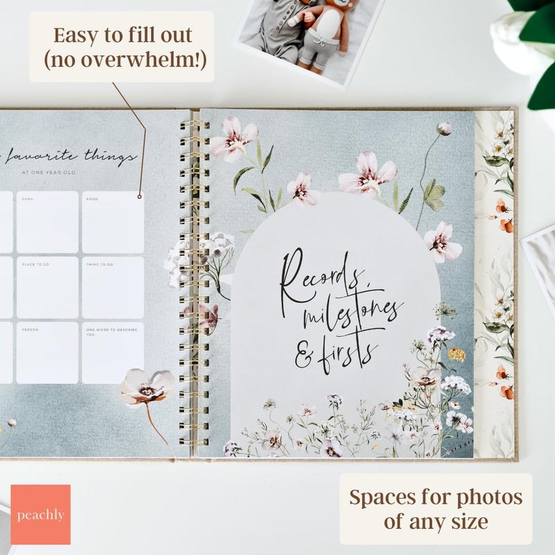 Peachly Baby Book for Girl | Minimalist Baby Memory Book | First Year Baby Book Keepsake for Milestones and Memories | Simple Baby Scrapbook Linen Cover - Fleur - Image 5